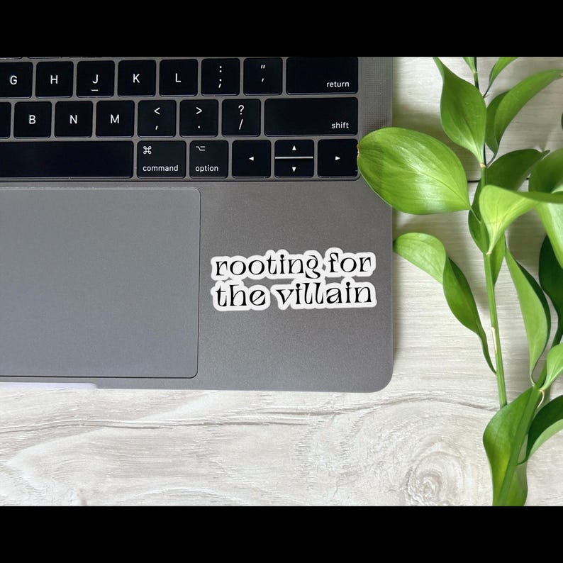 May include: A white sticker with the text "rooting for the villain" in a black, stylized font. The sticker is placed on a gray laptop, with a keyboard visible. Green leafy plant stems are in the background.