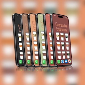 Paquete de fondos de pantalla de otoño para iPhone 6 con simpáticos personajes de tazas de café, espresso expresivo, seis colores, fondo de pantalla para teléfono, fondo de pantalla para iPad, dibujo lineal