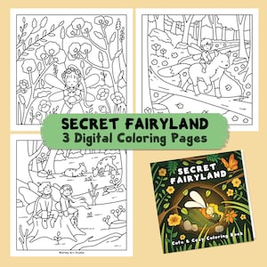 Może przedstawiać: Zestaw cyfrowych kolorowanek i kolorowanka o tematyce wróżek. Strony zawierają ilustracje linii wróżek, zwierząt i scen przyrodniczych. Okładka kolorowanki zawiera tekst "SECRET FAIRYLAND" i "Cute & Cozy Coloring Book".
