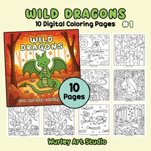 Könnte beinhalten: Ein digitales Malbuch-Set mit dem Titel Wild Dragons mit 10 Seiten. Das Cover zeigt einen grünen Drachen in einem Herbstwald. Das Set enthält schwarz-weiße Strichzeichnungen von Drachen in verschiedenen Umgebungen wie Wäldern und Wasser.