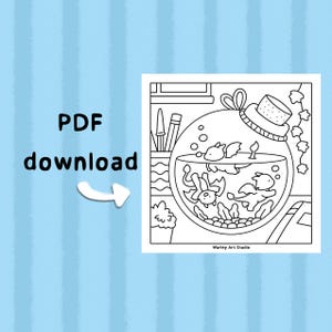 May include: Black and white line art illustration of a fishbowl with cartoon dragons inside. The fishbowl has a hat on top and is decorated with bubbles and plants. The words "PDF download" are on the left side of the image.