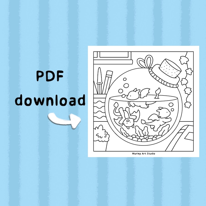 May include: Black and white line art illustration of a fishbowl with cartoon dragons inside. The fishbowl has a hat on top and is decorated with bubbles and plants. The words "PDF download" are on the left side of the image.