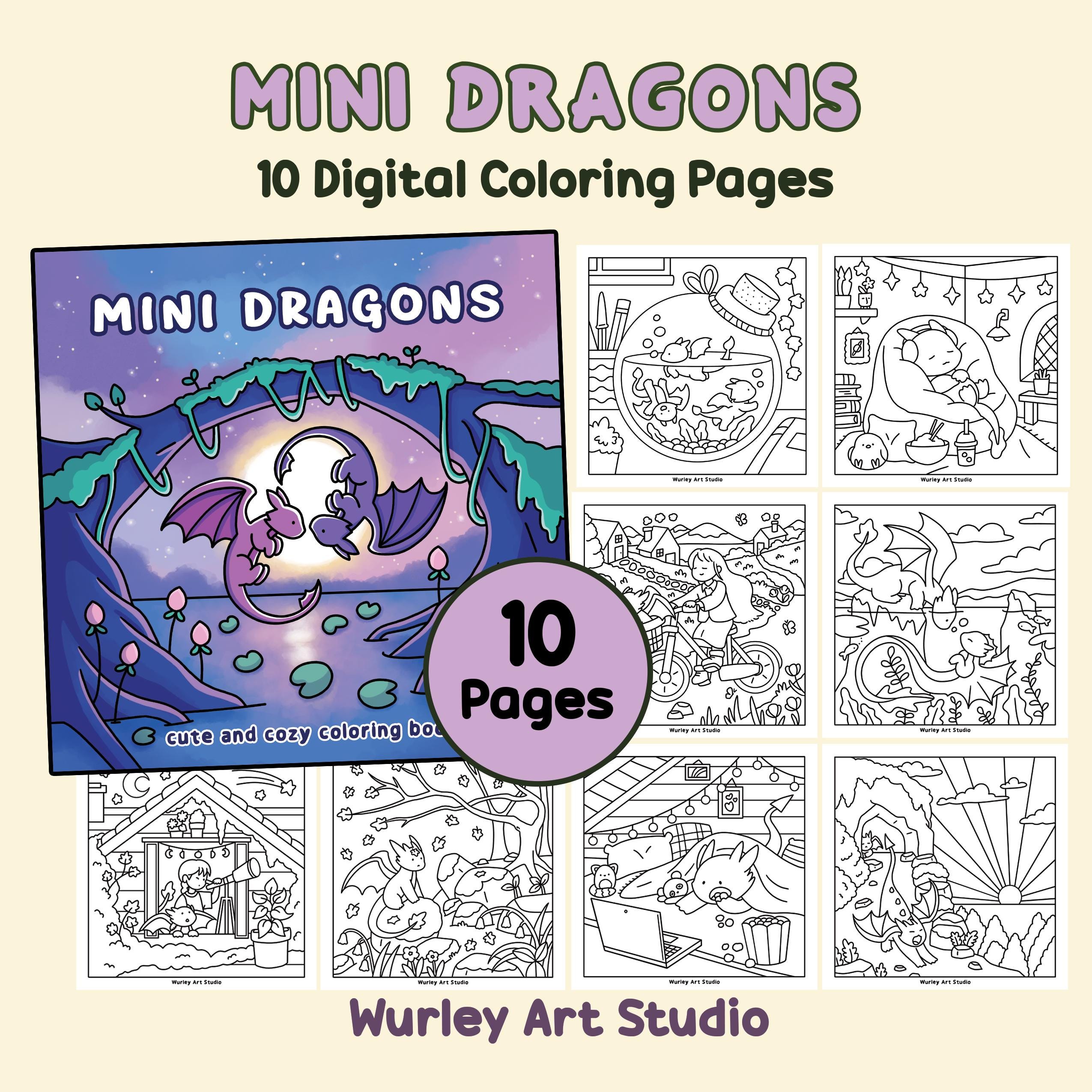 Mini Dragons Coloring Pages – 10 Printable PDF Sheets by Wurley Art (Instant Download)