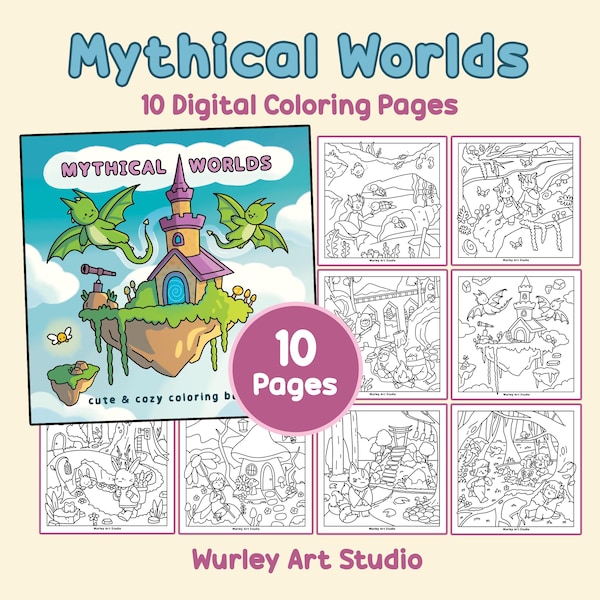 Mythical Worlds - 10 Digital Coloring Pages by Wurley Art (PDF Download)