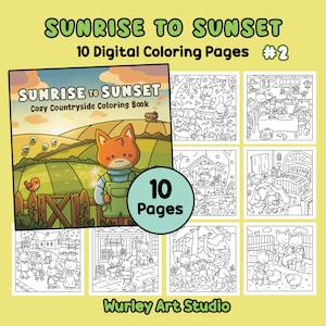 Puede incluir: Un libro para colorear digital titulado "Sunrise to Sunset" con 10 páginas. La portada presenta un zorro de dibujos animados con overoles en una escena campestre. El libro se titula "Cozy Countryside Coloring Book".