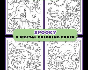 May include: Four black and white digital colouring pages titled WURLEY SPOOKY 4 DIGITAL COLOURING PAGES. The illustrations feature line art of forest scenes with ghosts, a fox-like creature, a cat, a campfire, trees, and mushrooms.