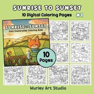 May include: A digital colouring book titled "Sunrise to Sunset" with 10 pages. The cover features a cartoon fox in overalls in front of a countryside scene. The book includes various black and white illustrations of animals and rural settings. The text "Wurley Art Studio" is at the bottom.