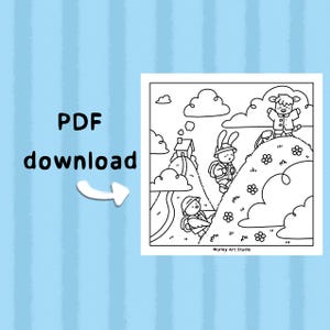 May include: Black and white line art illustration of a mountain scene with cartoon animals, including a bunny, sheep, and a character wearing a hat and backpack. The text "PDF download" is on the left side of the image.