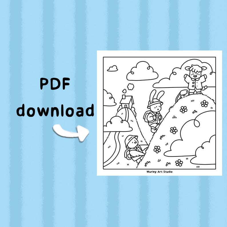 May include: Black and white line art illustration of a mountain scene with cartoon animals, including a bunny, sheep, and a character wearing a hat and backpack. The text "PDF download" is on the left side of the image.