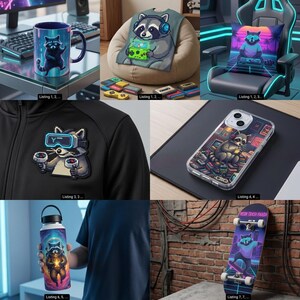 May include: A collection of merchandise featuring pixel art and neon-themed raccoon illustrations, including a ceramic mug, a t-shirt, a throw pillow, a black jacket patch, a clear phone case, a metal water bottle, and a skateboard deck.