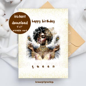 happy birthday queen, 5x7 printable cards, Black greeting cards, melanin birthday, Black woman birthday, digital download, instant download