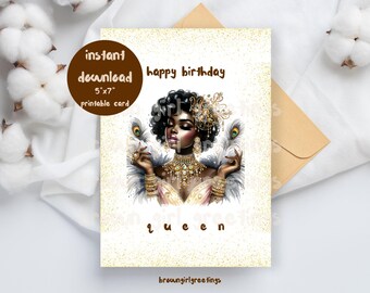 happy birthday queen, 5x7 printable cards, Black greeting cards, melanin birthday, Black woman birthday, digital download, instant download
