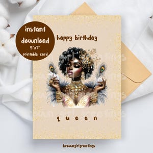 happy birthday queen, 5x7 printable cards, Black greeting cards, melanin birthday, Black woman birthday, digital download, instant download
