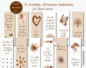 Op de afbeelding: Set van 12 afdrukbare affirmatie-bladwijzers voor zwarte vrouwen. Elke bladwijzer heeft een uniek ontwerp met inspirerende citaten en bloemen- of abstracte illustraties. De bladwijzers zijn 5,08 cm x 15,24 cm groot en direct te downloaden.