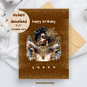 feliz aniversário rainha, cartões para impressão 5x7, cartões de felicitações pretos, aniversário de melanina, aniversário de mulher negra, download digital, download instantâneo
