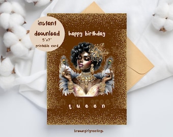 happy birthday queen, 5x7 printable cards, Black greeting cards, melanin birthday, Black woman birthday, digital download, instant download