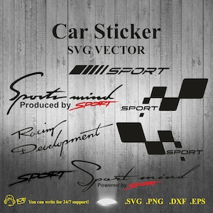 May include: A set of black and red car stickers with the word "SPORT" in various styles. The stickers include a checkered flag design, a stylized "Sport mind" logo, and a "Racing Development" logo. The text "SVG VECTOR" is also included.