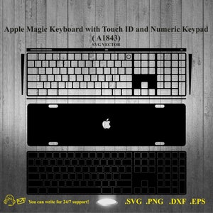 Könnte beinhalten: Schwarz-weiß-Illustration eines Apple Magic Keyboards mit Touch ID und Nummernblock. Die Tastatur hat einen schwarzen Hintergrund und weiße Tasten. Der Text "(A1843)" und "SVG VECTOR" ist auf dem Bild sichtbar. Der Text "You can write for 24/7 support!" ist am unteren Rand des Bildes sichtbar. Der Text ".SVG .PNG .DXF .EPS" ist unten rechts im Bild sichtbar.