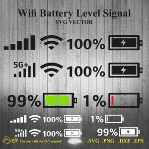 Könnte beinhalten: Eine grafische Darstellung eines WLAN-Signals, eines Batteriestands und einer 5G-Signalstärke. Das Bild zeigt verschiedene Signalstärken und Akkulaufzeiten, darunter 100 %, 99 % und 1 %. Der Text "Wifi Battery Level Signal" befindet sich oben im Bild, und der Text ".SVG .PNG .DXF .EPS" befindet sich unten im Bild.