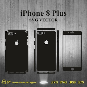 May include: A black and white digital illustration of an iPhone 8 Plus phone, showing the front, back, and side views. The image includes the text "iPhone 8 Plus" and "SVG VECTOR".