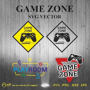 May include: A set of four digital game zone signs. The signs are in the shape of a diamond, a triangle, and two stop signs. The signs are yellow, red, and black with the text "Game Zone" and a video game controller graphic. The text "Loading..." is below the controller graphic on the diamond signs. The text ".SVG .PNG .DXF .EPS" is below the triangle sign.