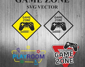 May include: A set of four digital game zone signs. The signs are in the shape of a diamond, a triangle, and two stop signs. The signs are yellow, red, and black with the text "Game Zone" and a video game controller graphic. The text "Loading..." is below the controller graphic on the diamond signs. The text ".SVG .PNG .DXF .EPS" is below the triangle sign.