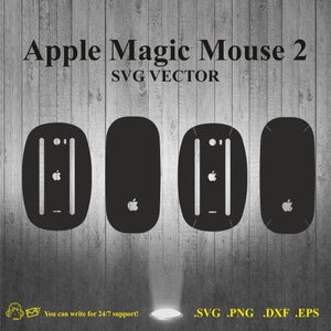 Puede incluir: Cuatro imágenes en silueta negra y blanca de un ratón Apple Magic Mouse 2. Las imágenes muestran el ratón desde diferentes ángulos. El texto "Apple Magic Mouse 2" y "SVG VECTOR" está en la parte superior de la imagen.