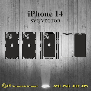 May include: A black and white vector illustration of an iPhone 14 phone case template. The template includes the front, back, and sides of the phone case. The text "iPhone 14" and "SVG VECTOR" is at the top of the image. The text ".SVG .PNG .DXF .EPS" is at the bottom of the image.