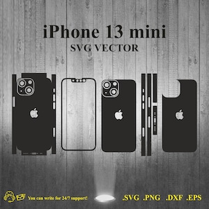 Puede incluir: Una ilustración vectorial en blanco y negro de un teléfono iPhone 13 mini. La imagen muestra el teléfono desde diferentes ángulos, incluyendo la parte delantera, la trasera y los lados. El teléfono tiene una pantalla negra, una protuberancia de cámara negra y un logotipo de Apple negro. El texto "iPhone 13 mini" y "SVG VECTOR" también está incluido en la imagen.
