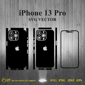 Może przedstawiać: Czarno-biały wektorowy szablon projektu graficznego do etui na telefon iPhone 13 Pro. Projekt zawiera zarys telefonu, wycięcie aparatu i logo Apple. Tekst "iPhone 13 Pro" i "SVG VECTOR" również są zawarte w projekcie.