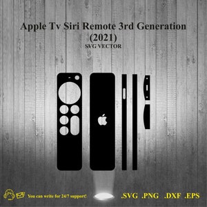 May include: Black and white vector illustration of an Apple TV Siri Remote 3rd Generation (2021). The illustration includes the remote, the Apple TV box, and the side buttons. The image is labeled with the text "SVG VECTOR".