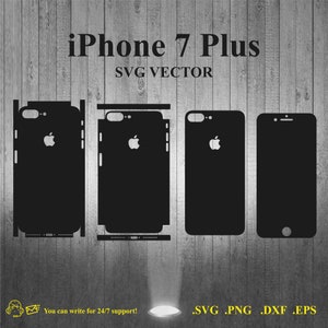 Könnte beinhalten: Vier schwarze iPhone 7 Plus Handyhüllen-Vorlagen. Die Vorlagen sind für die Vorder-, Rückseite und die Seiten des Telefons. Die Vorlagen sind in den Formaten SVG, PNG, DXF und EPS.