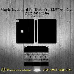 May include: Black and white silhouette of a Magic Keyboard for iPad Pro 12.9 inch 6th generation (2022-2021-2020). The keyboard is detached from the iPad case and the iPad case is open. The keyboard has a black trackpad and black keys. The iPad case has a black Apple logo.