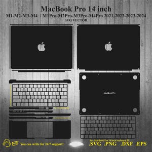 Puede incluir: Esquema en blanco y negro de un portátil MacBook Pro de 14 pulgadas con teclado, trackpad y logotipo de Apple. El texto "MacBook Pro 14 inch" está en la parte superior de la imagen. El texto "M1-M2-M3-M4 / M1Pro-M2Pro-M3Pro-M4Pro 2021-2022-2023-2024" está debajo del portátil. El texto "SVG VECTOR" está debajo de la segunda línea de texto. El texto "You can write for 24/7 support!" está en la parte inferior de la imagen. El texto "for: MacBook Pro 14 inch keyboard EU .SVG .PNG .DXF .EPS" está en la parte inferior derecha de la imagen.