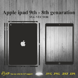 May include: Black and white silhouette of an Apple iPad 9th or 8th generation tablet. The image includes the Apple logo and the text "SVG VECTOR".
