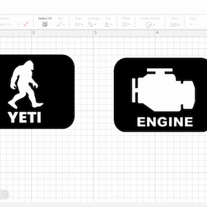 May include: Two black and white stickers with white text. The left sticker features a white silhouette of a Yeti with the word "YETI" below it. The right sticker features a white silhouette of an engine icon with the word "ENGINE" below it.