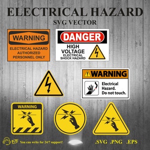 May include: A set of eight warning signs for electrical hazards. The signs are yellow with black text and symbols. The signs include warnings for high voltage, electrical shock, and electrical hazard. The signs are available in SVG, PNG, and EPS formats.