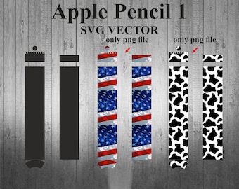 May include: A digital illustration of a black and white cow print design, a red, white and blue American flag design, and a solid black design for an Apple Pencil 1 skin. The text "Apple Pencil 1" and "SVG VECTOR" is at the top of the image. The text "only png file" is repeated twice. The text ".SVG .PNG .DXF .EPS" is at the bottom of the image.