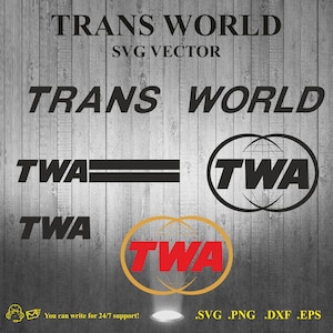 Pode incluir: Um download digital de quatro gráficos vetoriais diferentes que apresentam o texto "TRANS WORLD" e o logotipo "TWA" em preto e branco. Os logotipos estão em estilos diferentes, incluindo um logotipo de texto simples, um logotipo com um círculo e linhas, e um logotipo com um círculo e um globo.