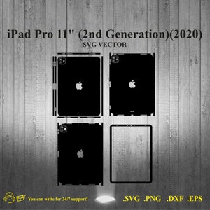May include: Four black and white outlines of an iPad Pro 11 inch (2nd Generation) (2020) with the Apple logo. The outlines are for a digital cut file.