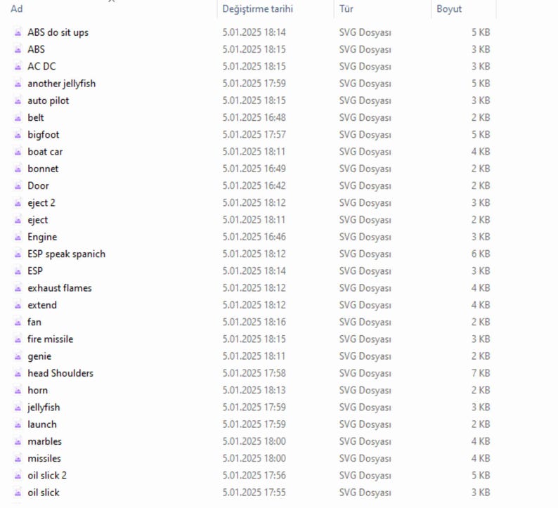 May include: A list of SVG files with their names, file sizes, and last modified dates. The files include images of various objects, such as a car, a door, a fan, a jellyfish, and a missile.