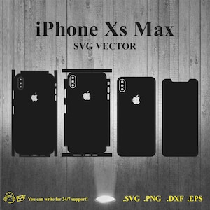 May include: Four black iPhone Xs Max phone case cutouts, with a white Apple logo on each, against a woodgrain background. The text "iPhone Xs Max" and "SVG VECTOR" are at the top of the image. The text ".SVG .PNG .DXF .EPS" is at the bottom of the image.