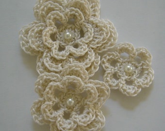 Crocheted Flowers - Antique White With a Pearl - Cotton Flowers - Crocheted Flower Appliques - Crocheted Flower Embellishments