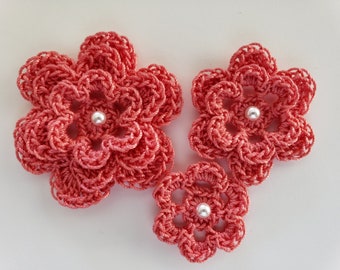 Coral Crocheted Flowers With a Pearl - Cotton Flowers - Crocheted Flower Appliques - Crocheted Flower Embellishments