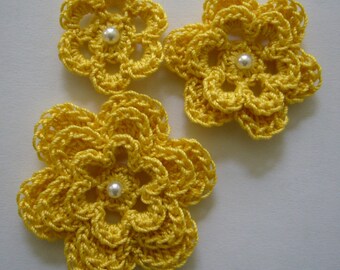 Yellow Crocheted Flowers - Bright Yellow With a Pearl - Crocheted Flower Appliques - Crocheted Flower Embellishments