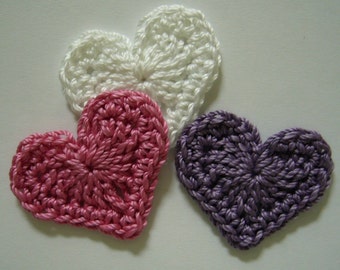 Trio of Crocheted Hearts - Rose Pink, Plum and White - Cotton