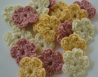 Crocheted Flowers - Wool Blend - Pink, Yellow and Natural - Forget-Me-Nots