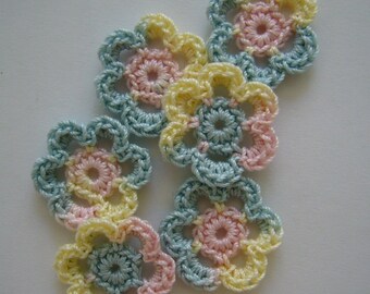 Mini Six Crocheted Flowers - Shades of Light Pastels - Cotton Flowers - Crocheted Flower Appliques - Crocheted Embellishments - Set of 6