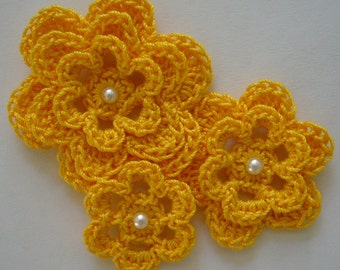 Crocheted Flowers - Goldenrod Yellow With a Pearl - Cotton Flowers - Crocheted Flower Appliques - Crocheted Flower Embellishments