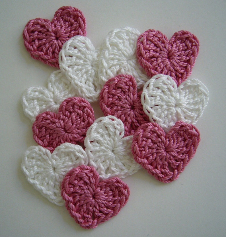 Crocheted Hearts Rose Pink and White Cotton Set of 12 image 1